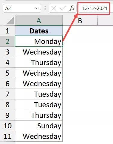 Day Name from Date in MS Excel