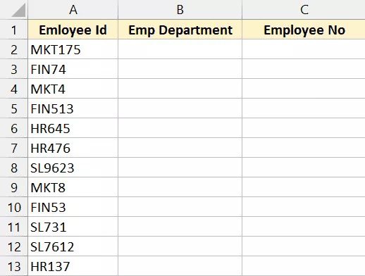 In column A of the personnel data below, the employee's department is indicated by the first few alphabets, and the employee number is shown by the numbers that follow.