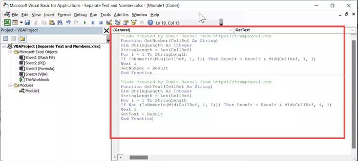 7. The module code pane will now display the custom function code that was just copied.