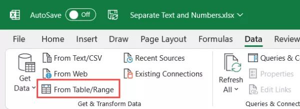 Click the "From Table/Range" link under the Get and Transform group.