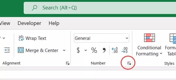 Click on the icon for the dialogue box launcher in the 'Number' group (small arrow at the bottom right part of the group)