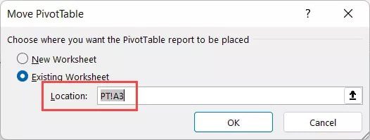 Specify the location where you want the Pivot Table to be moved. You can use your cursor to navigate to the sheet and select the cell where you want the Pivot table to be moved