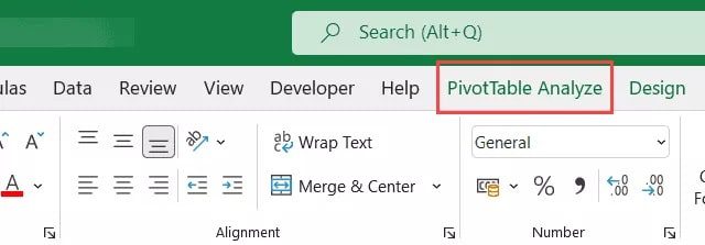 In the Pivot Table, choose any cell. Select the PivotTable Analyze tab.