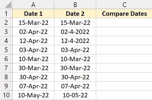 Below is a dataset that has two sets of dates in two columns. I want to determine whether or not these dates are same.