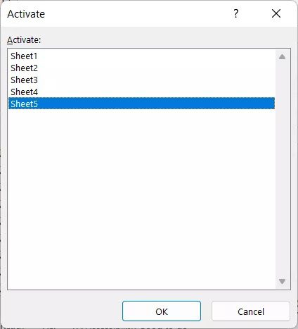 Note that you need to press the right key on your mouse (or trackpad)—not the left. The 'Activate' dialogue box, which contains all of the sheet names, will then be opened.