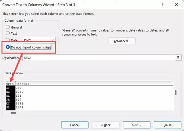 Choose the "Do Not Import Column (Skip)" option in the third of three steps. Additionally, confirm that the column chosen (in black) in the Data Preview is the one you wish to delete.