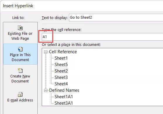 Enter A1 in the area labelled "Type the cell reference" (this is the cell in Sheet2 where the hyperlink would take us)
