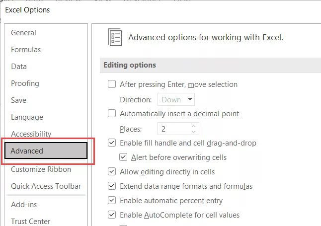  In the ‘Options’ dialog box that opens, click on the Advanced option