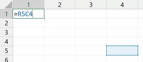 For instance, if I wish to refer to cell D5 and I am in the worksheet's upper left corner (cell A1 or R1C1), I would write R5C4 in R1C1 notation (as D5 would be the cell in the fifth row and fourth column)