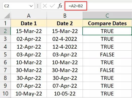If you compare dates in Excel, this may make things unclear. For instance, in the datset below, when I compare the dates in the two columns using the equal-to operator, I get surprising results.