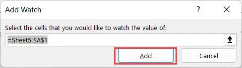 Navigate to the next sheet you wish to switch to in the Add Watch window, then pick any cell there. Select Add. The Watch Window will receive a second watch instance as a result.