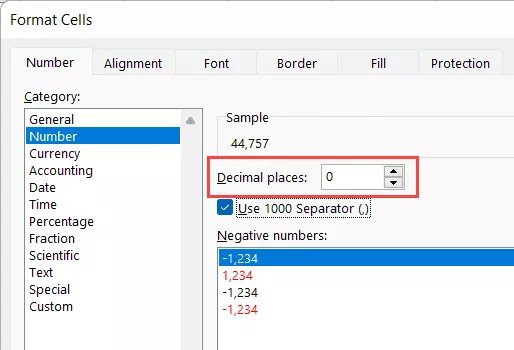 [Optional] If you need the number to have decimal places as well, specify how many decimal places you need. In this example, I will make this 0 (as I don’t want any decimal numbers)