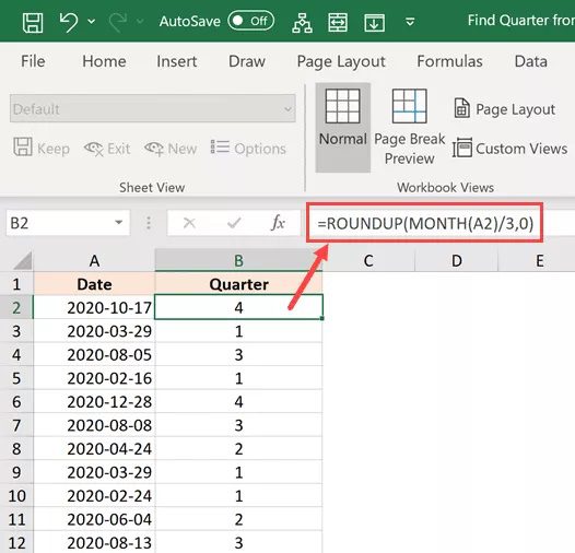 Excel formula to calculate quarter from date (Easy Formula)